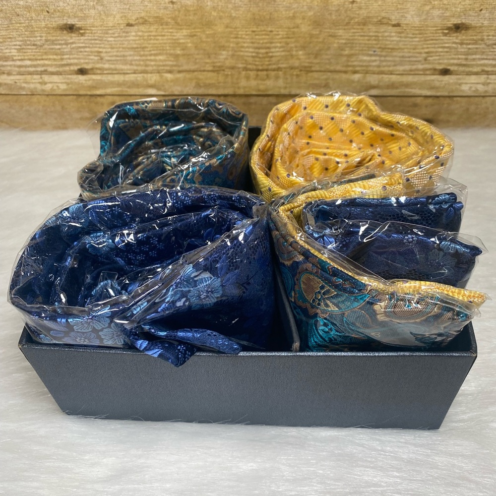 HISDERN Mens 3 Pcs Neckties Tie and Pocket Square Set Blue Yellow - Picture 2 of 11